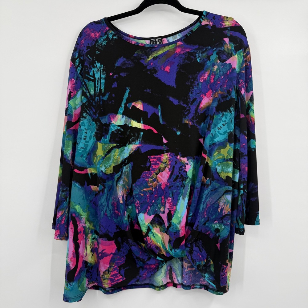 Clara Sunwoo Tunic Top Womens 2X Abstract Print Twist Front Multi Color
